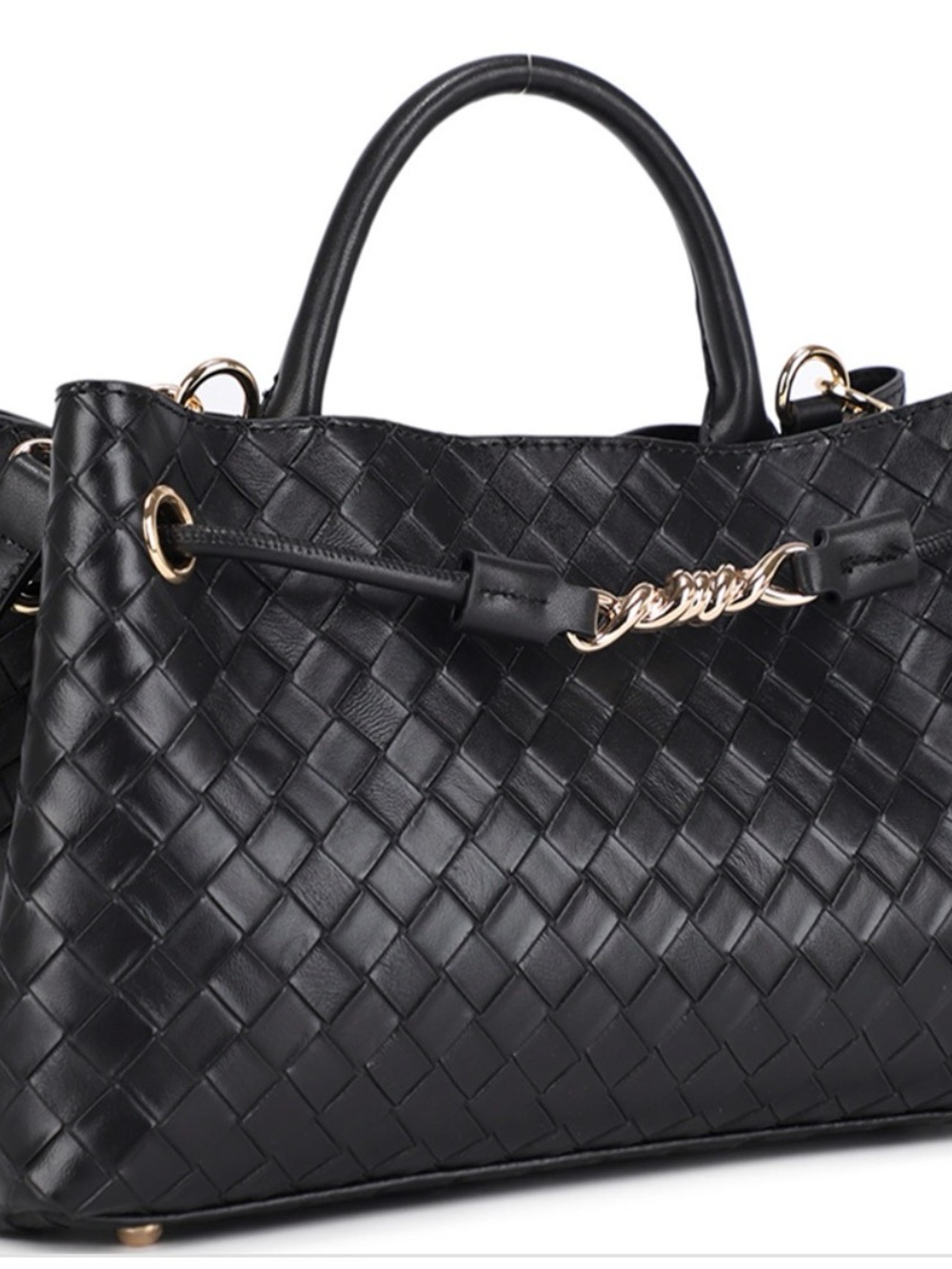Black Woven Leather Tote Bag with Gold Accents